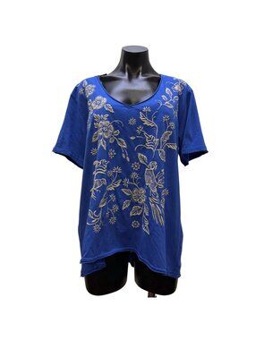 Johnny Was Blue Embroidered Floral Bird Blouse Cream L